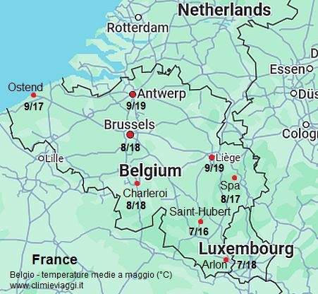 Belgio - mappa con le temperature medie a maggio (minime e massime)