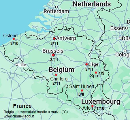 Belgio - mappa con le temperature medie a marzo (minime e massime)