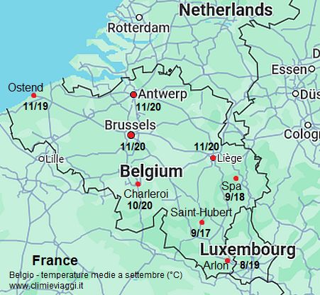 Belgio - mappa con le temperature medie a settembre (minime e massime)