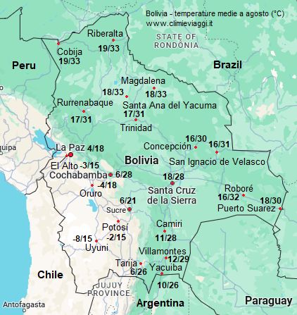 Bolivia - mappa con le temperature medie a agosto (minime e massime)