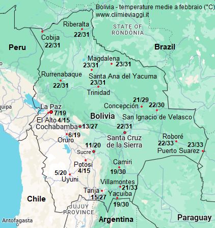 Bolivia - mappa con le temperature medie a febbraio (minime e massime)