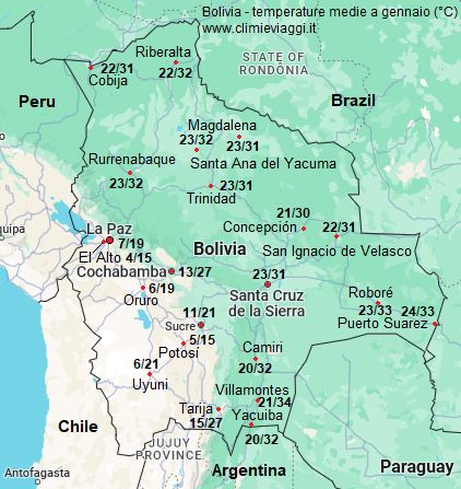 Bolivia - mappa con le temperature medie a gennaio (minime e massime)
