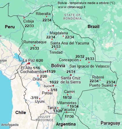 Bolivia - mappa con le temperature medie a ottobre (minime e massime)