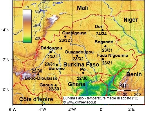 Burkina Faso - mappa con le temperature medie a agosto