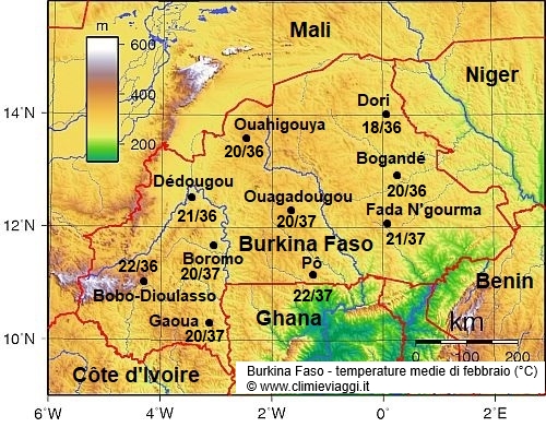 Burkina Faso - mappa con le temperature medie a febbraio