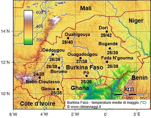Burkina Faso - mappa con le temperature medie a maggio