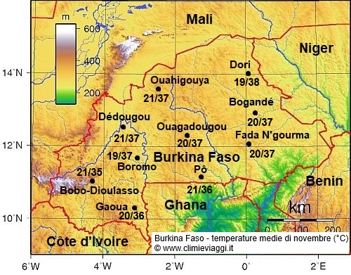Burkina Faso - mappa con le temperature medie a novembre