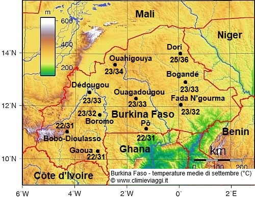 Burkina Faso - mappa con le temperature medie a settembre