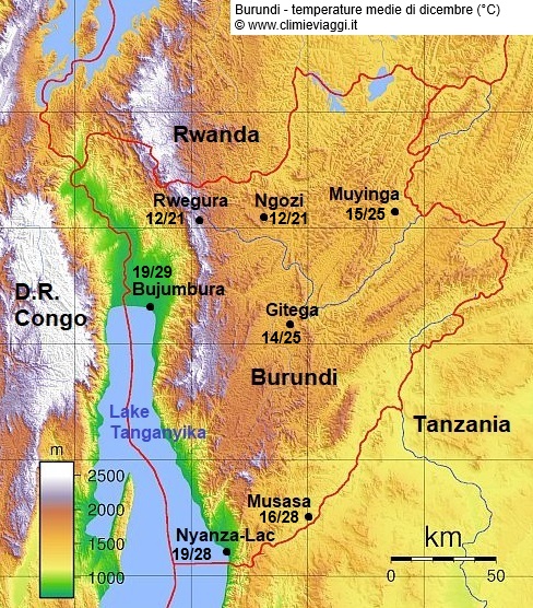 Burundi - mappa con le temperature medie a dicembre