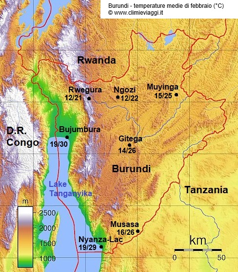 Burundi - mappa con le temperature medie a febbraio
