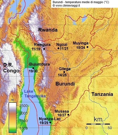 Burundi - mappa con le temperature medie a maggio
