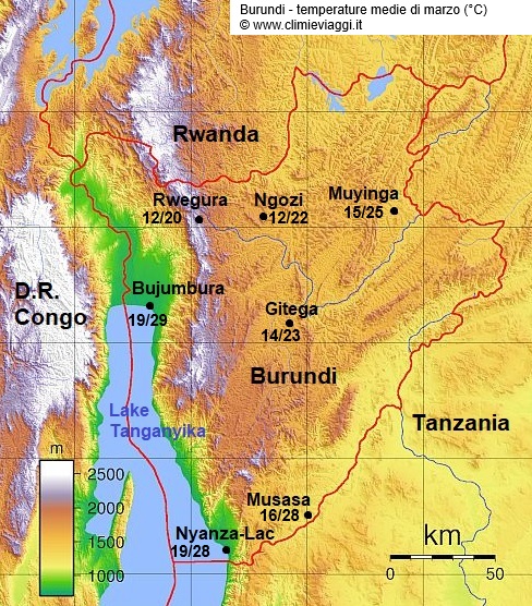 Burundi - mappa con le temperature medie a marzo