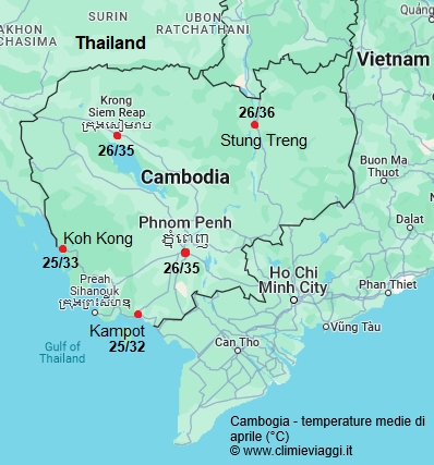 Cambogia - mappa con le temperature medie a aprile