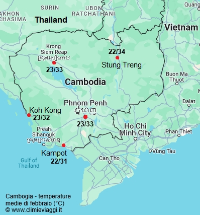 Cambogia - mappa con le temperature medie a febbraio