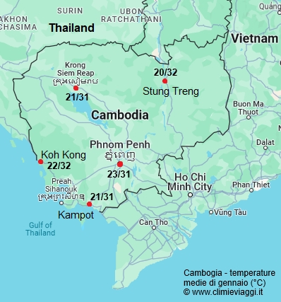 Cambogia - mappa con le temperature medie a gennaio