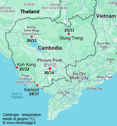 Cambogia - mappa con le temperature medie a giugno