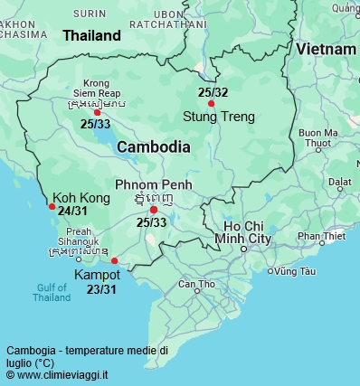 Cambogia - mappa con le temperature medie a luglio