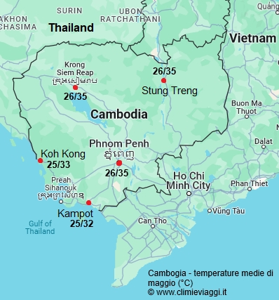 Cambogia - mappa con le temperature medie a maggio