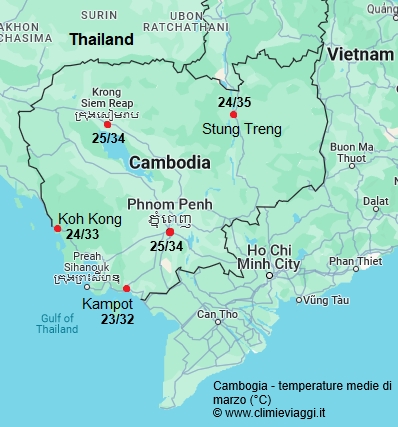 Cambogia - mappa con le temperature medie a marzo