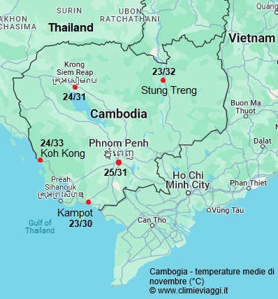 Cambogia - mappa con le temperature medie a novembre