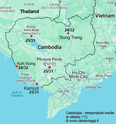 Cambogia - mappa con le temperature medie a ottobre