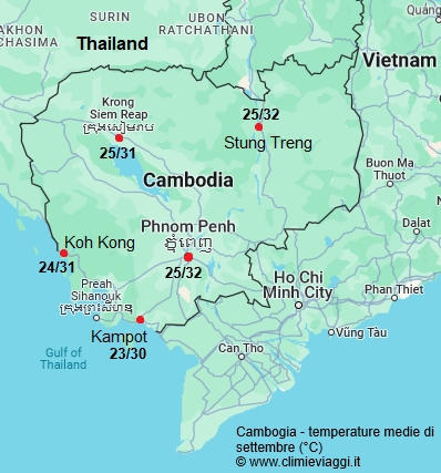 Cambogia - mappa con le temperature medie a settembre