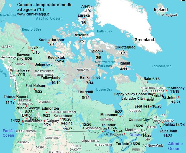 Canada - mappa con le temperature medie a agosto