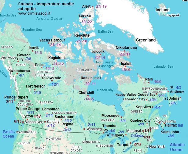 Canada - mappa con le temperature medie a aprile