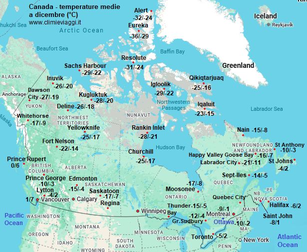 Canada - mappa con le temperature medie a dicembre