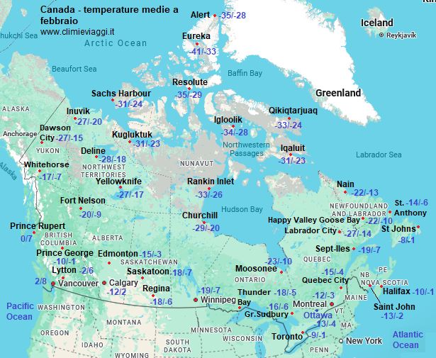 Canada - mappa con le temperature medie a febbraio