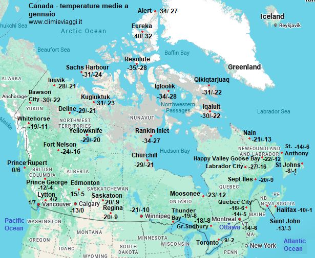 Canada - mappa con le temperature medie a gennaio