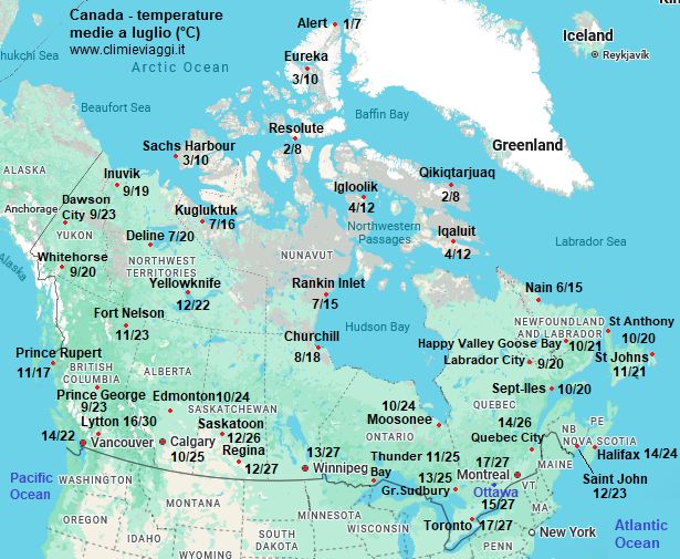Canada - mappa con le temperature medie a luglio