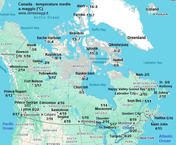 Canada - mappa con le temperature medie a maggio