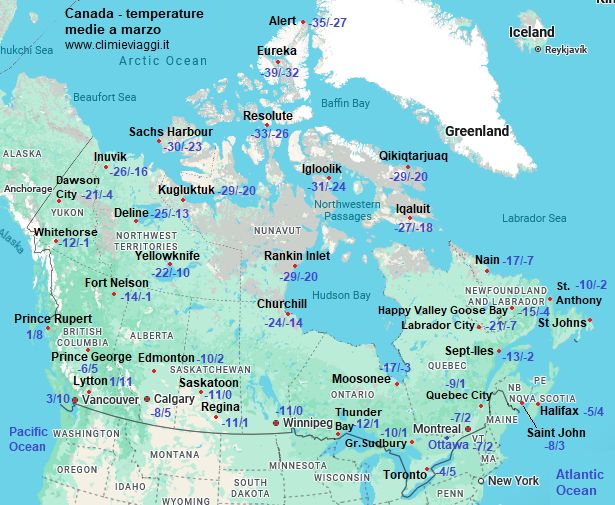 Canada - mappa con le temperature medie a marzo