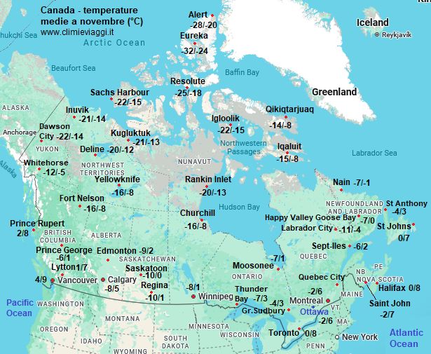 Canada - mappa con le temperature medie a novembre