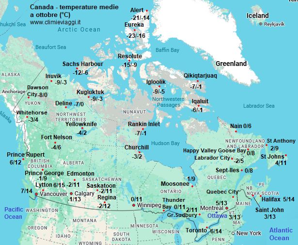 Canada - mappa con le temperature medie a ottobre