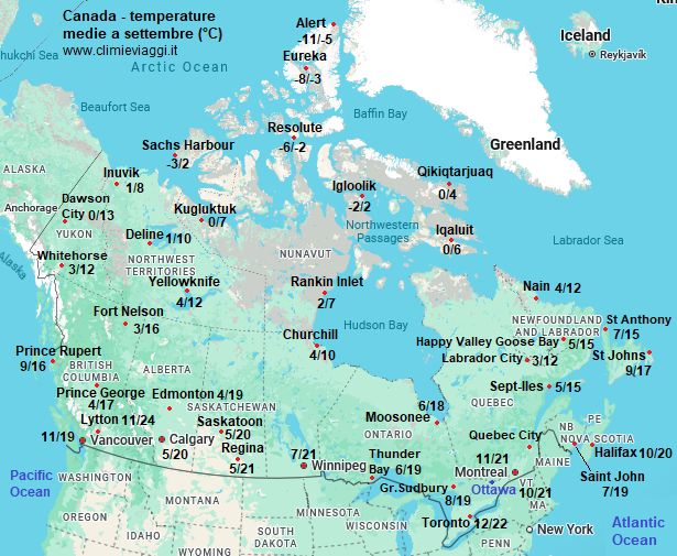 Canada - mappa con le temperature medie a settembre