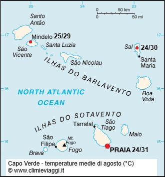 Capo Verde - mappa con le temperature medie a agosto