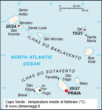 Capo Verde - mappa con le temperature medie a febbraio