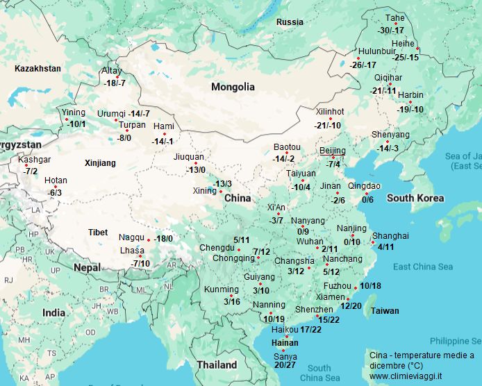 Cina - mappa con le temperature medie a dicembre (minime e massime)