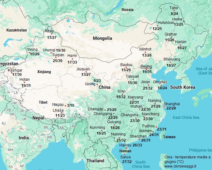 Cina - mappa con le temperature medie a giugno (minime e massime)