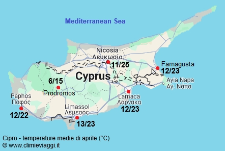 Cipro - mappa con le temperature medie a aprile