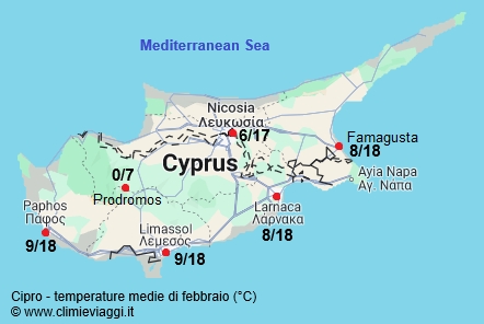 Cipro - mappa con le temperature medie a febbraio
