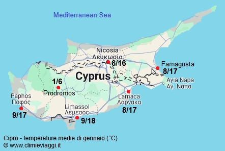 Cipro - mappa con le temperature medie a gennaio