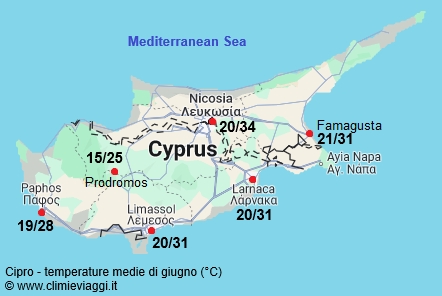 Cipro - mappa con le temperature medie a giugno