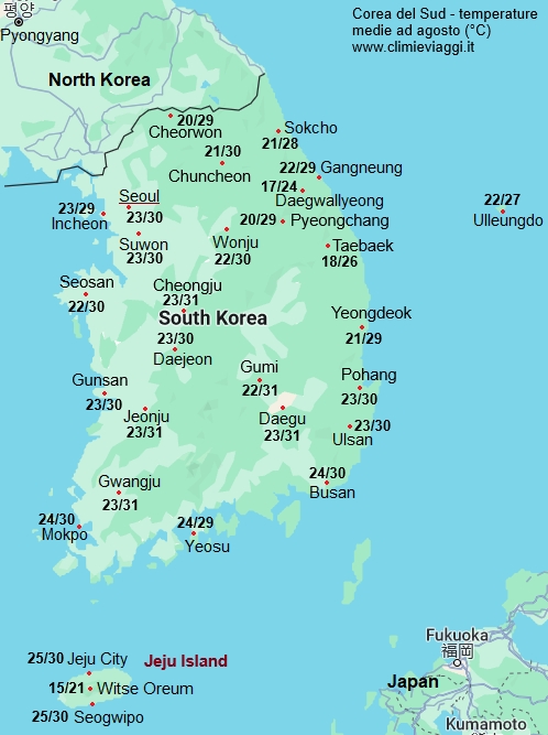Corea Del Sud - mappa con le temperature medie a agosto