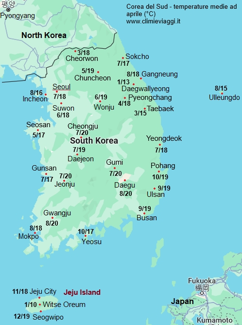 Corea Del Sud - mappa con le temperature medie a aprile
