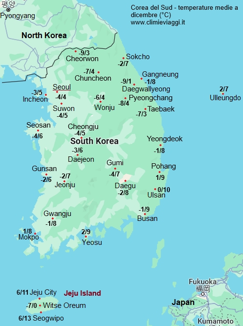 Corea Del Sud - mappa con le temperature medie a dicembre