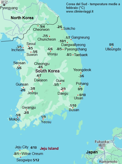 Corea Del Sud - mappa con le temperature medie a febbraio