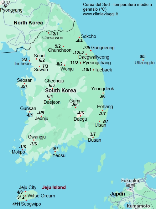 Corea Del Sud - mappa con le temperature medie a gennaio